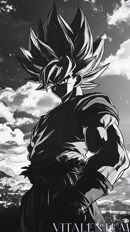 Spiky haired anime fighter stands silhouetted against sky