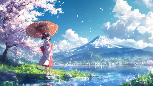 Girl in kimono under parasol by lakeside with Mount Fuji.