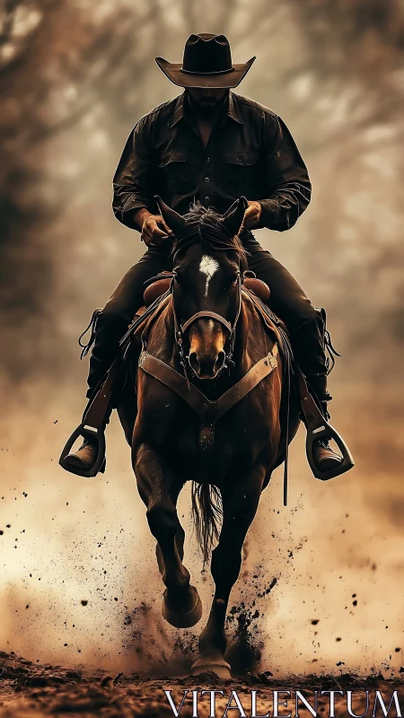 Western rider charging through dust in cinematic warm light.