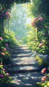 Sunlit stone garden stairs framed by lush flowering foliage.