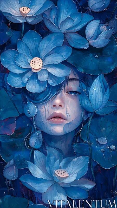 Melancholic female face framed by layered blue lotus blooms.