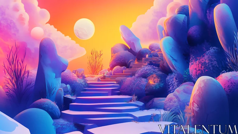 Chromatic stone stairway in bioluminescent alien sunset