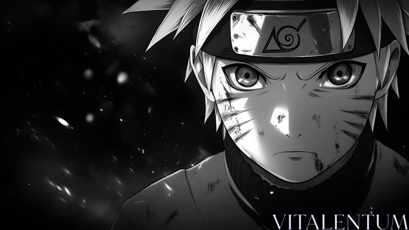 Battle-scarred ninja carves resolve from swirling starlit smoke