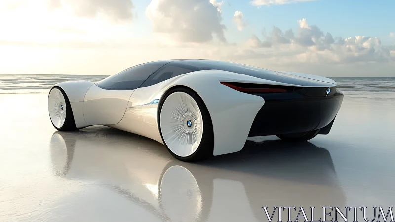 Futuristic BMW concept coupé on reflective coastal shoreline.
