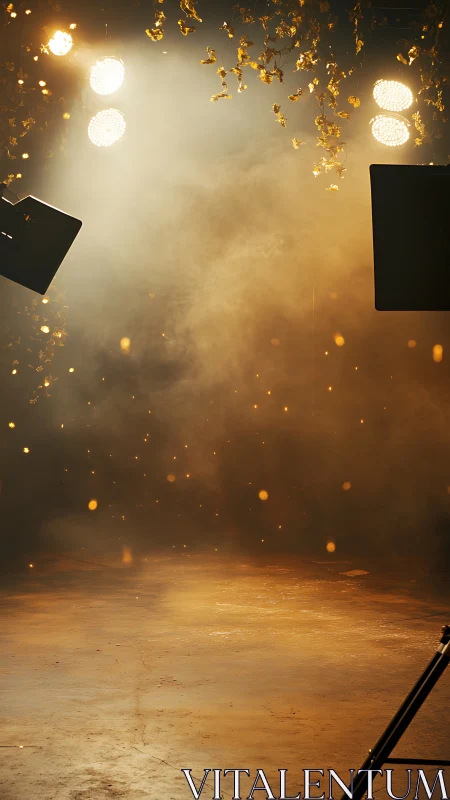 Golden stage haze under warm spotlights in studio space.