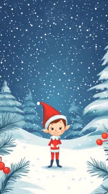 Cheerful Christmas elf amid snowy forest snowfall scene.