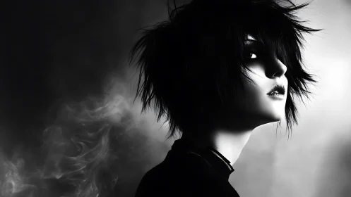 Monochrome emo portrait with volumetric smoke diffusion study.