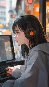 Digital painting profile of gamer girl at neon city window.