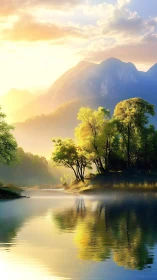 Mountain lake with trees under low sun and soft haze.