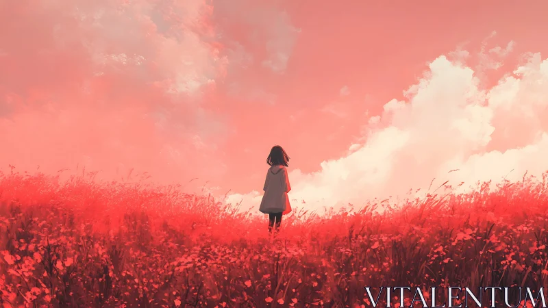 Digital painting of girl in red meadow under luminous sky.