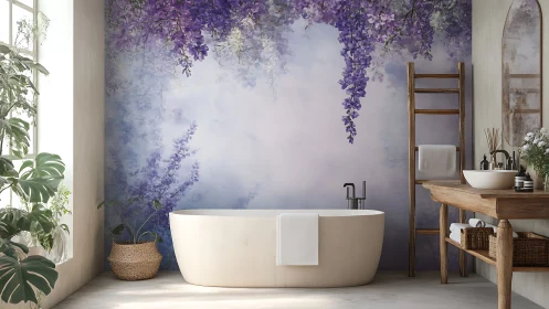 Freestanding oval tub set against lavender floral mural with rustic wood accents
