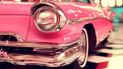 Close-up of vintage pink car front in polished interior.