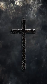 Barbed metal cross on distressed dark textured background