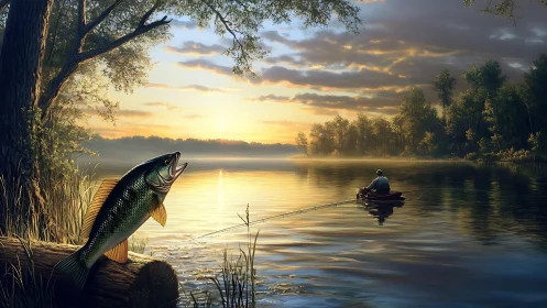 Sunrise angler and leaping bass on tranquil reflective lake.