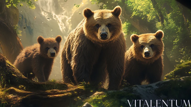 Bear family stands alert in golden, misty forest light