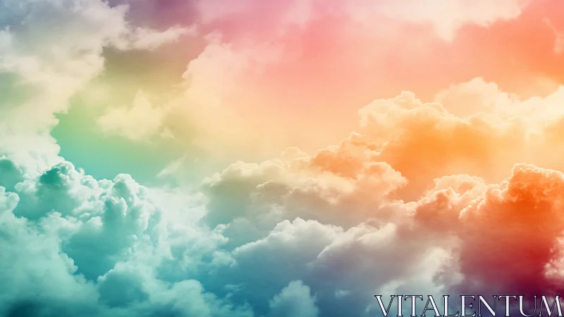 Multicolored cumuliform cloudscape with gradient atmospheric lighting