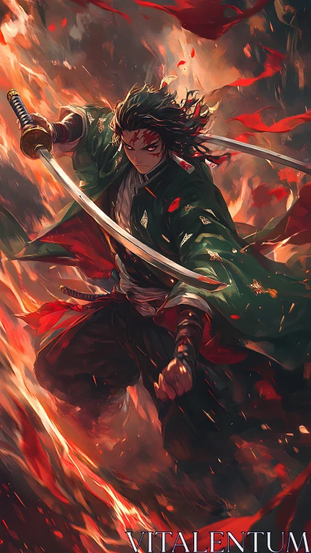 Firelit samurai warrior slashes through swirling embers