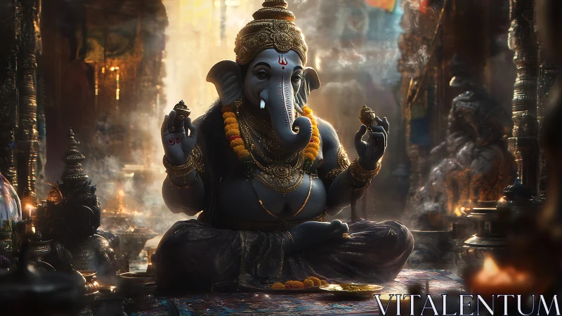 Serene Ganesha idol in ornate temple interior at dawn.