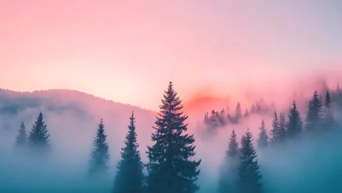 Mist-Layered Conifer Ridge under Gradient Dawn Sky.