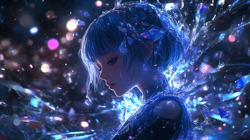 Crystal-haired profile portrait in prismatic light burst.