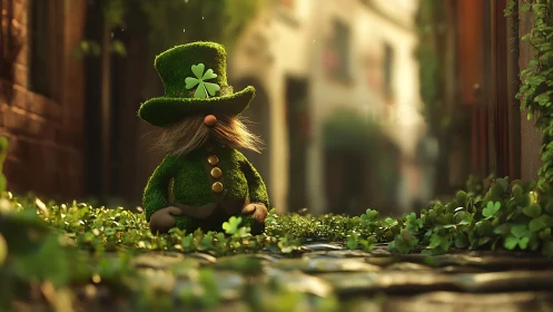 Small leprechaun figure on clover-lined cobblestone path.