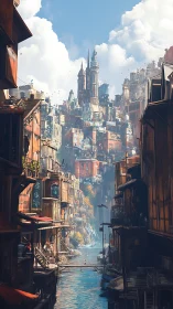 Vertical canal megacity with stratified spires and rusted facades.