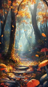 Enchanted Autumn Forest Path Through Golden Leaves.