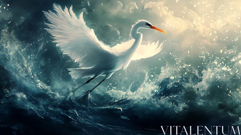 Stormlit white heron ascending above crashing ocean waves.