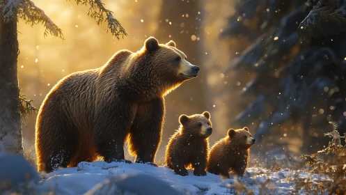 Backlit brown bear family in snowy forest with volumetric light