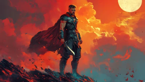 Armored warrior with sword under blazing red sky.