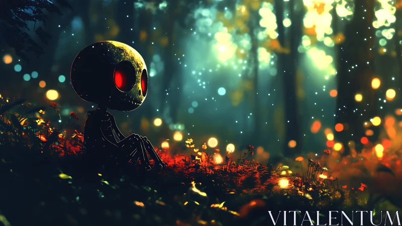 Bioluminescent forest with red-eyed skeleton figure at dusk