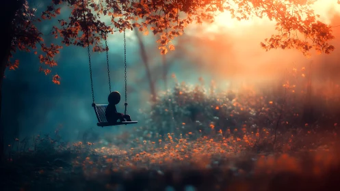 Silhouette child sits on tree swing in glowing forest clearing