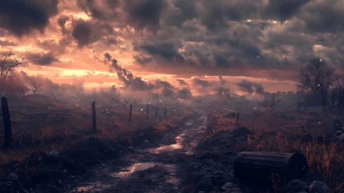 Muddy rural path under storm clouds at dramatic sunset