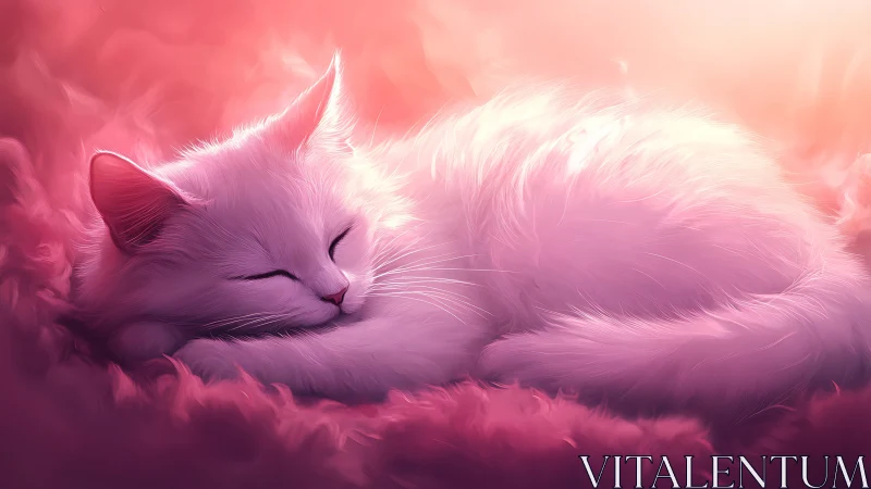 Peaceful Dream: A Fluffy Cat Nestled in Soft Pink Clouds