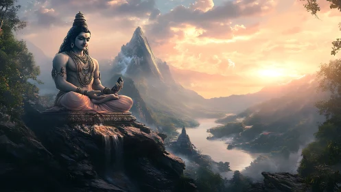 Mountain river deity under volumetric sunrise illumination.