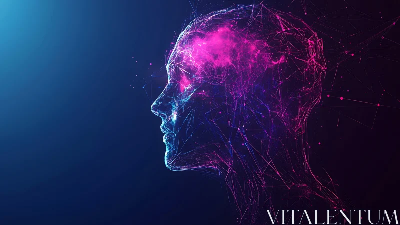 Neon wireframe head silhouette visualizes glowing digital mind