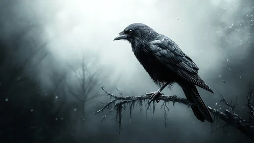 Dark Raven Perched in Misty Wilderness Atmosphere