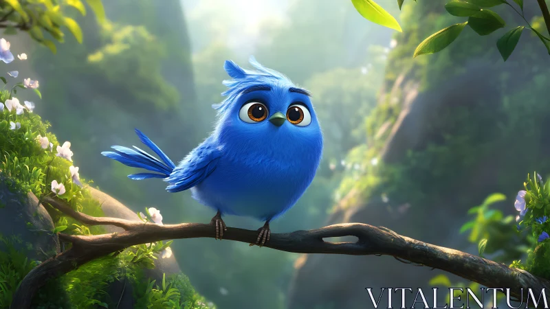 Adorable Blue Cartoon Bird Perched on Branch in Lush Forest Scene.
