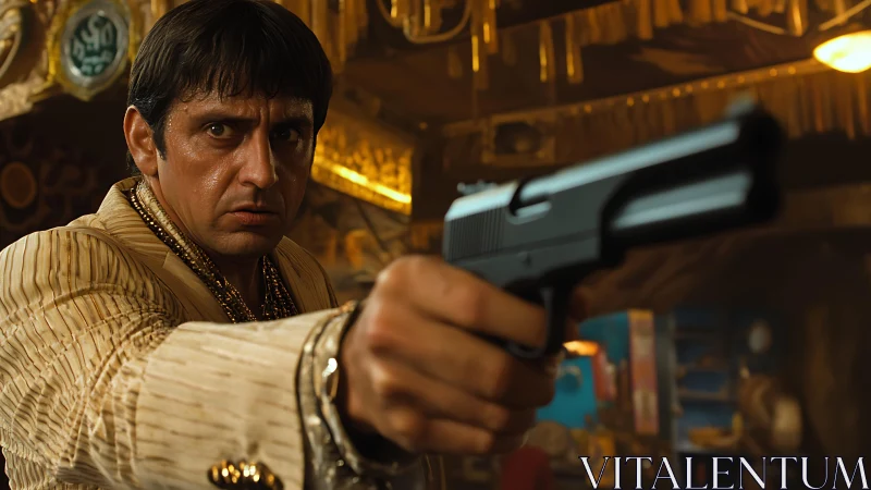 Tense gunman holds a pistol forward in a dim, moody room