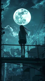 Moonlit girl overlooks neon city from narrow rooftop bridge.