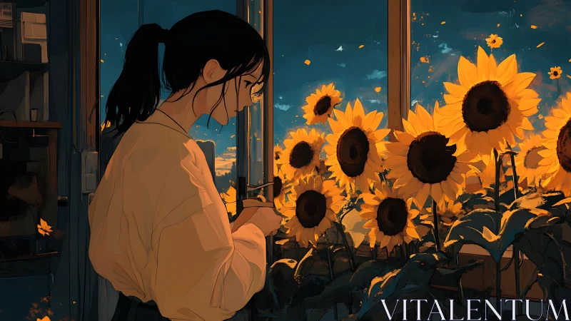 Sunset girl and window sunflowers sharing a quiet glow.