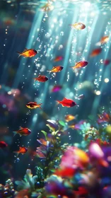 Shimmering tropical fish drifting through luminous reef.