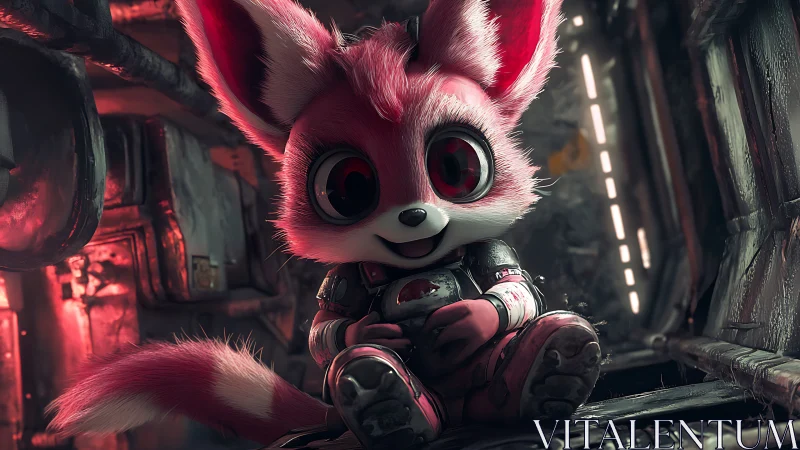 Cute pink alien fox in armored suit on sci fi ship.