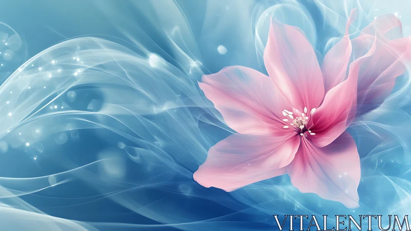 Fluid-rendered pink blossom in luminescent aqua vortex field.