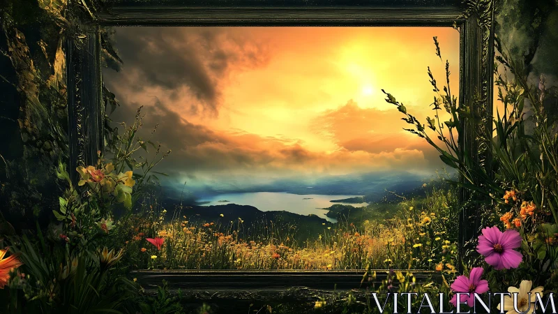 Framed golden sunset opens onto dreamlike wildflower valley.