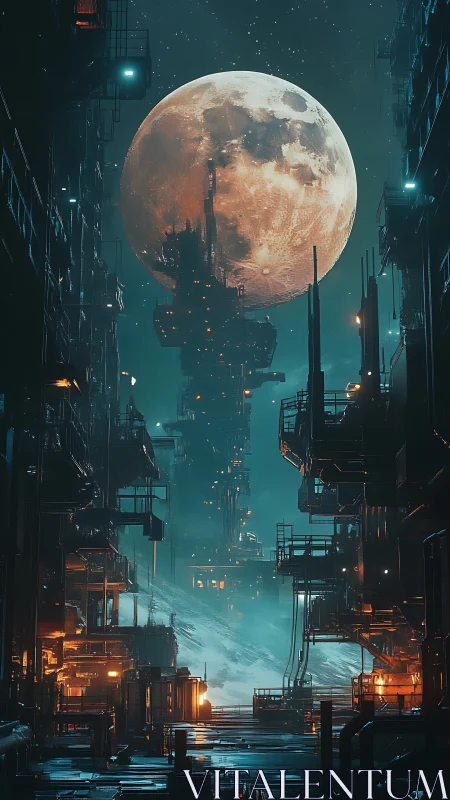 Cyberpunk lunar megastructure corridor with atmospheric depth.