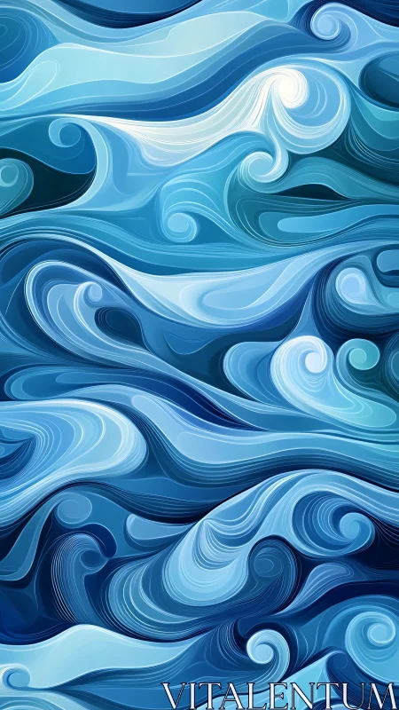 Fluid oceanic wave patterns in layered cyan and deep blues.