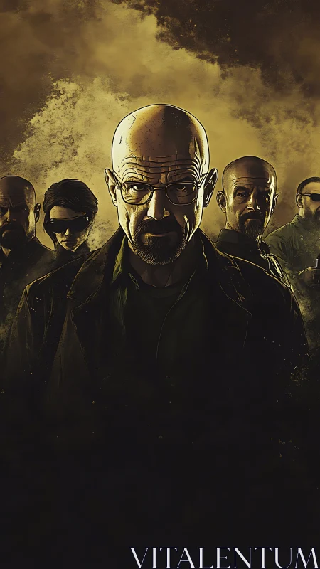 Bald intense man in glasses leads dark group portrait