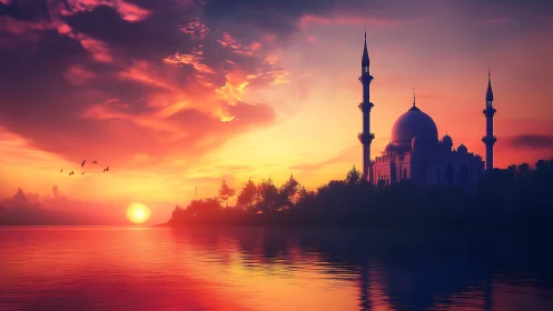 Mosque silhouette stands by reflective water at sunset