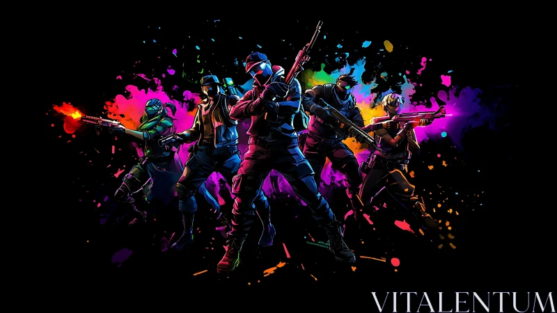 Neon squad of futuristic heroes bursts from splashed color.